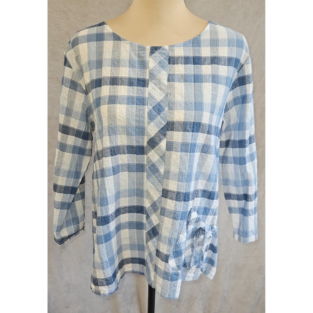 Habitat‎ Clothes to Live In blue white plaid ruched drawstring top size small